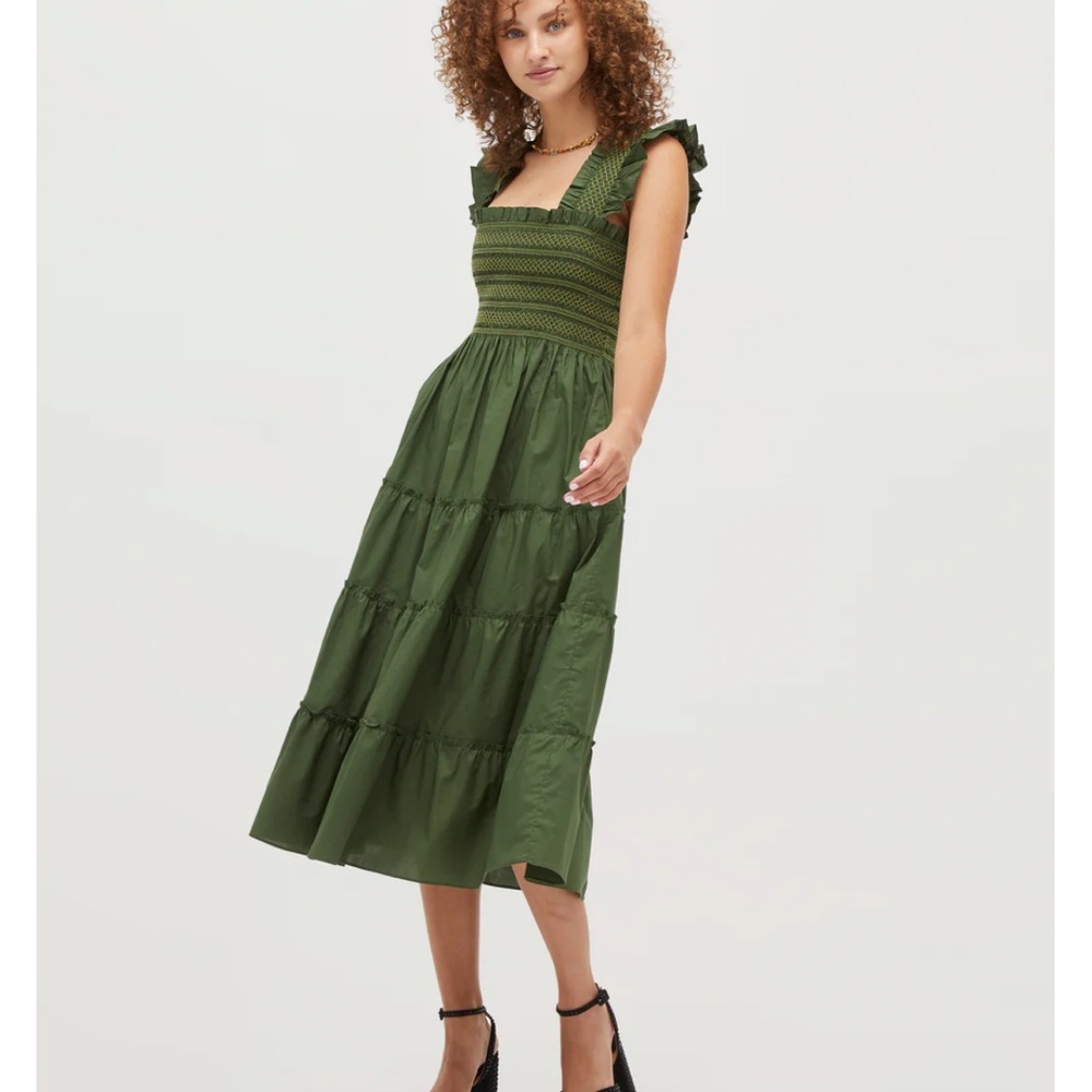 Hill House Forest Green Smocked Ruffle-Strap Midi Dress